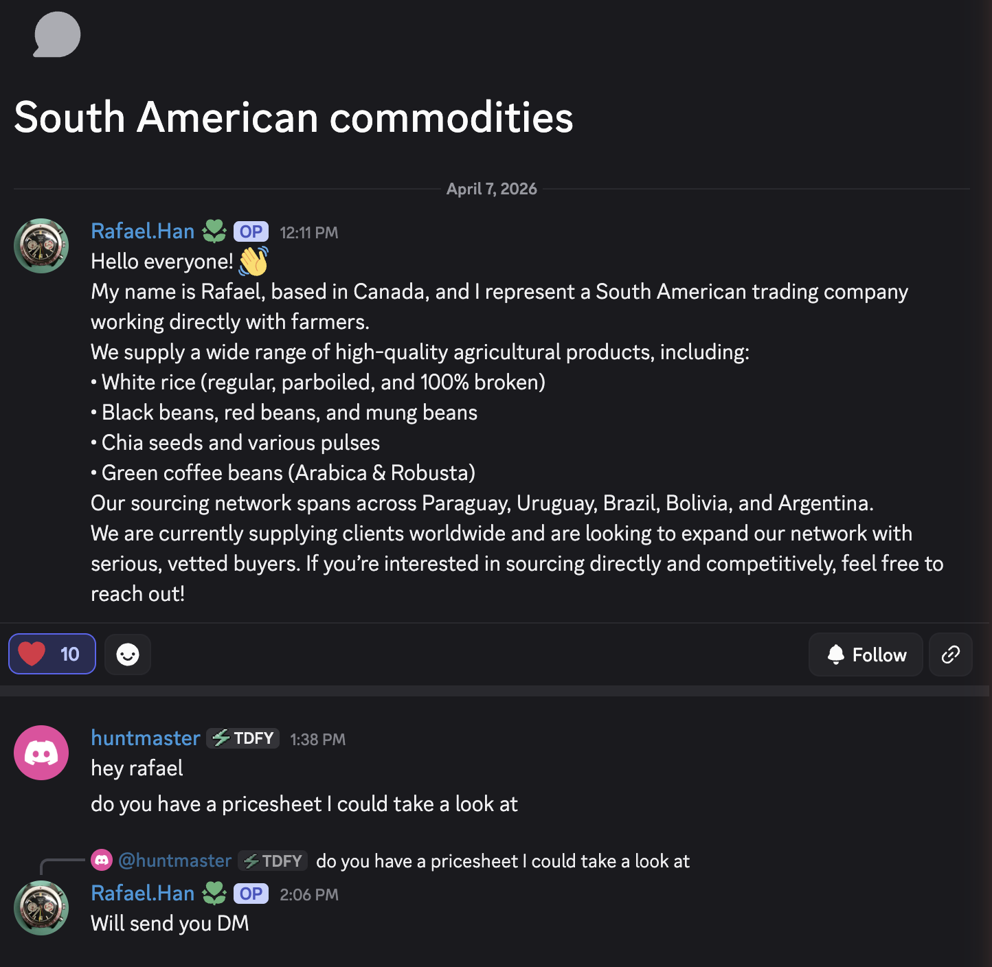 Rafael.Han South American commodities Discord post